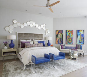 Bold and colorful, contemporary master bedroom in New Orleans